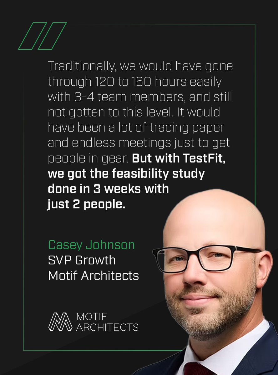 Motif has turned the efficiency of TestFit a business development strategy. They now offer free test fits across multiple sites, knowing it costs them a fraction of what it used to.
