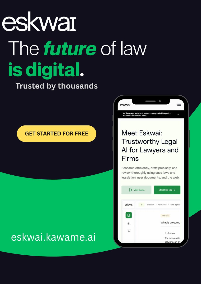 ⚖️ The Future of Law is Digital.
 
Smarter tools. Faster research. Stronger outcomes.

At Eskwai, we’re building the bridge between law and technology — empowering legal professionals to work smarter

🚀 Step into the future → eskwai.kwame.ai

#Eskwai #LegalTech #Digital