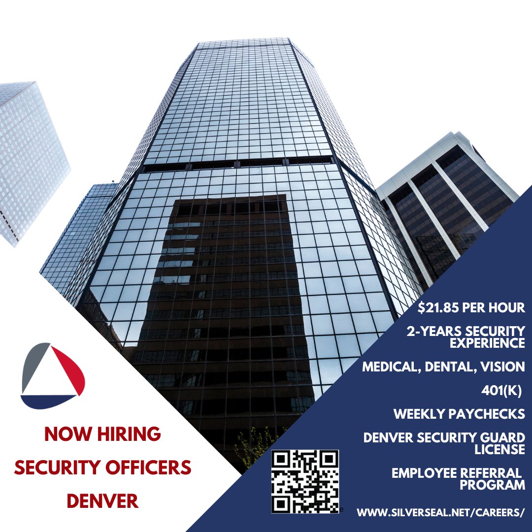 We are hiring #SecurityOfficers for our downtown #Denver locations. Join our team! Apply at careers.silverseal.net

#Silverseal #Careers #Security #SecurityOfficer #JoinOurTeam #NowHiring #WeAreHiring #DenverJobs #SecurityGuard #Hiring #SecurityGuard #CorporateSecurity