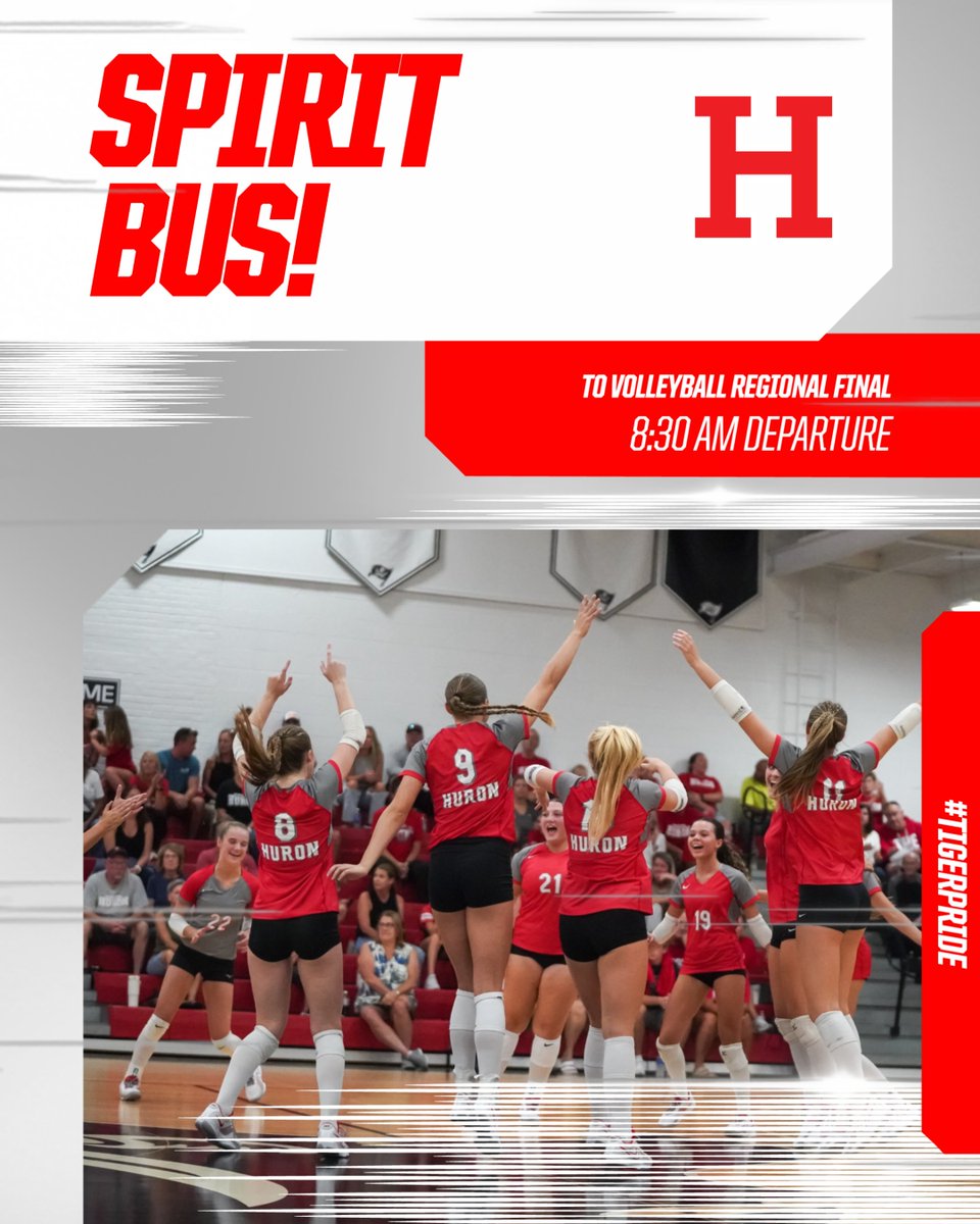 Volleyball picked up the DUB last night over Eastwood. They move on to the Regional Final to face Marion Pleasant. That game is on Saturday at 11AM... and of course - we are offering a SPIRIT BUS for Huron Students 9-12. Sign up during the school day today/tomorrow!

#TigerPride