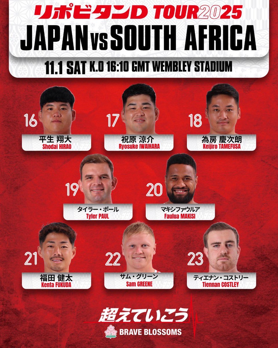 #ラグビー日本代表 試合登録メンバー発表🔥

リポビタンDツアー2025
🇯🇵日本代表 vs 🇿🇦南アフリカ代表
📆11月1日（土）
⏰16:10 K.O. (日本時間11月2日(日) 1:10 K.O.)
🏟️ウェンブリー・スタジアム/ロンドン（イングランド）

📺放送
NHK総合テレビ （生中継）
WOWOWライブ （生中継）
J SPORTS 1