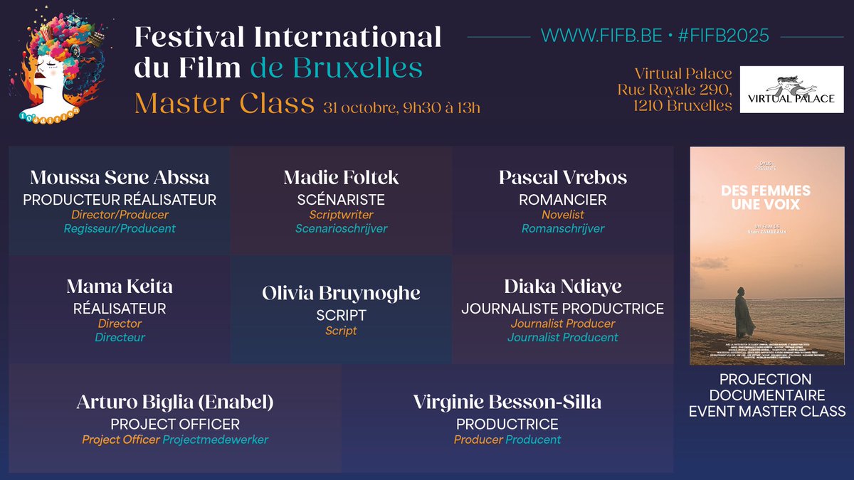🎬 𝐋𝐞 𝟑𝟏 𝐨𝐜𝐭𝐨𝐛𝐫𝐞, 𝐩𝐥𝐨𝐧𝐠𝐞𝐳 𝐚𝐮 𝐜œ𝐮𝐫 𝐝𝐮 𝟕ᵉ 𝐚𝐫𝐭 !

À l’occasion de la Média Day du FIFB, nous vous donnons rendez-vous au prestigieux Virtual Palace dédiée à la passion du cinéma, de la création et de la transmission.