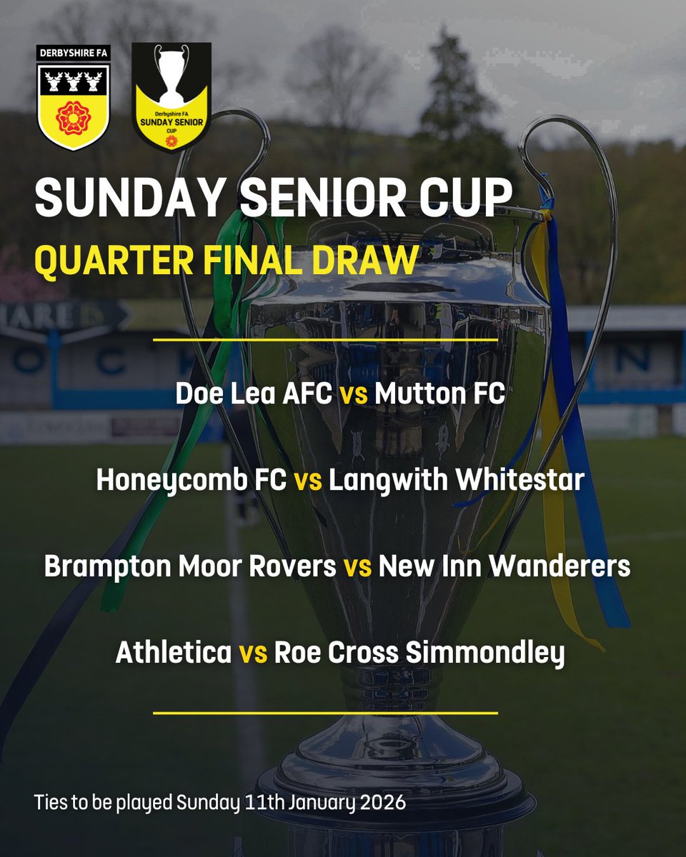 Sunday Senior Cup – Quarter Final Draw! 🏆

The road to the semi-finals is heating up! 🔥

The draw has been made, and eight teams are ready to battle it out for a place in the final four.

#countycup #dcfa