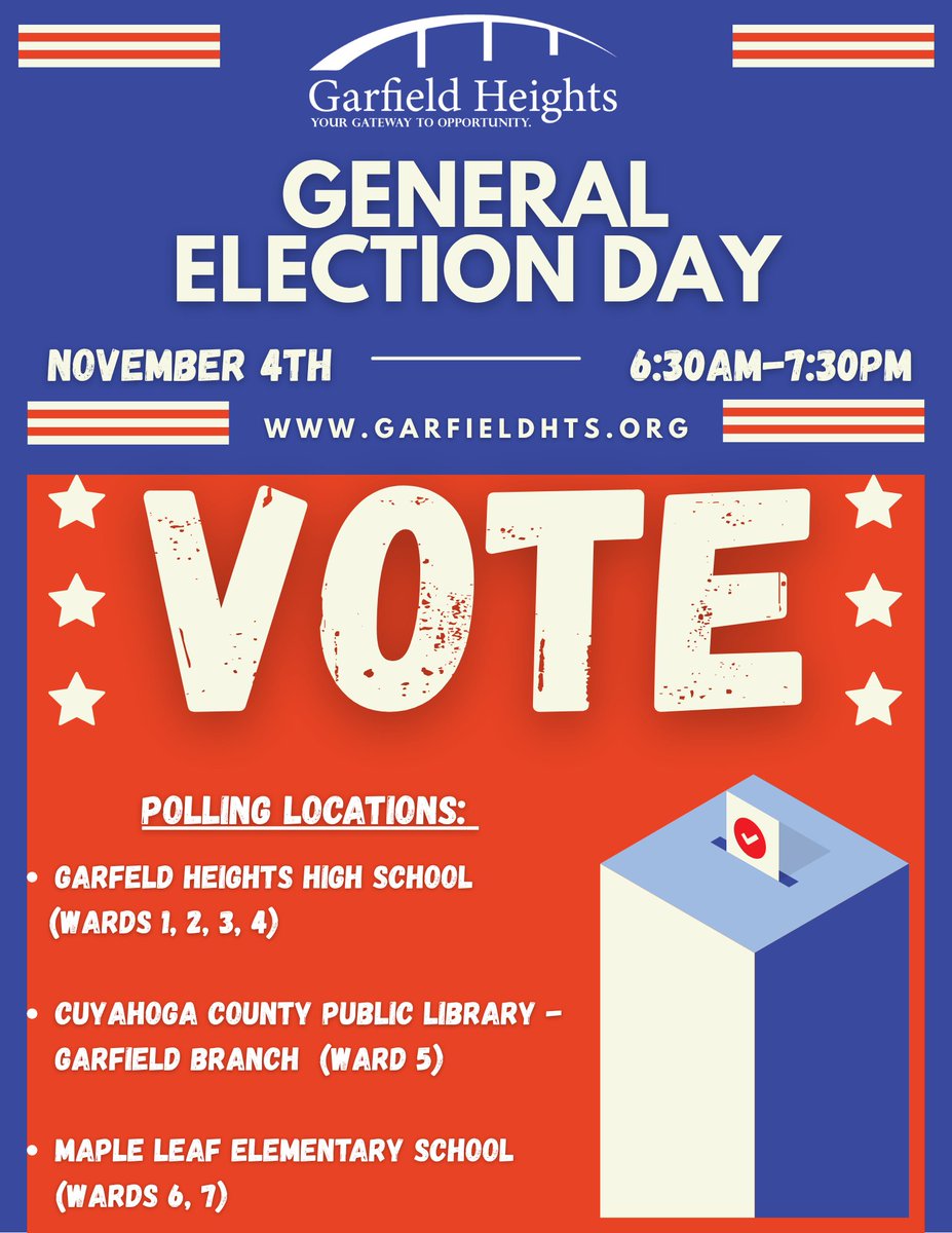 🗳️ Election Day is Tuesday, November 4th!
Polls will be open 6:30 AM – 7:30 PM.
Not sure where to vote? Check out the polling locations by ward below 👇

Make your voice heard Garfield Heights— go vote!