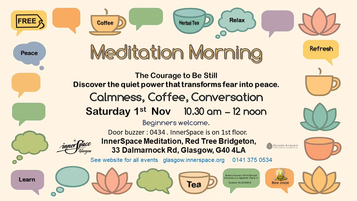 The Courage to Be Still
Transforming Fear Through Presence
with Sister Rose Goodenough
Saturday 1 Nov 
10:30am – 12 noon
 Inner Space Glasgow
Join us for a morning of insights, meditation, discussion and tea &amp; biscuits.
In uncertain times, stillness takes courage #glasgow