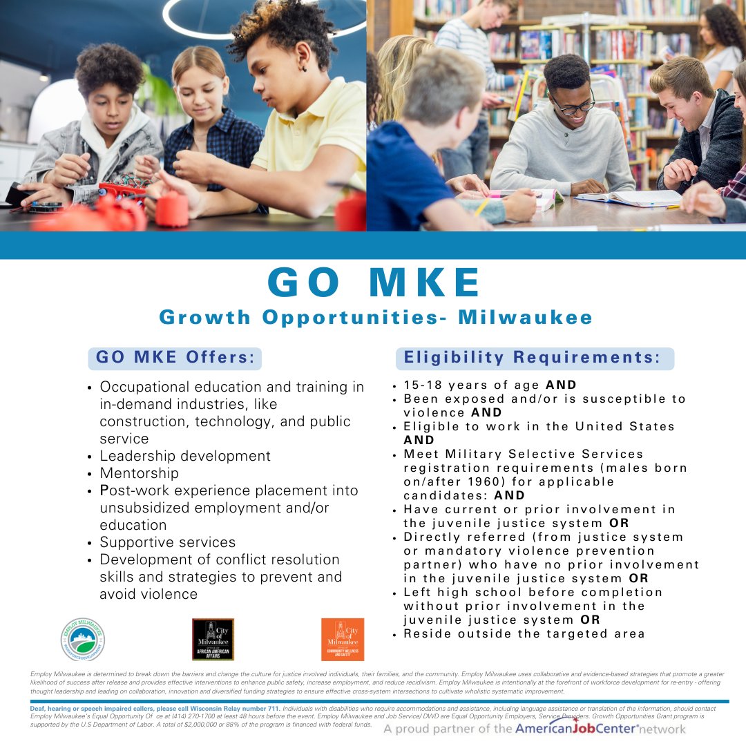 EmployMilwaukee's tweet image. Growth Opportunities (GO MKE) provides services to youth and young adults aged 15-18 who are at a high risk of involvement in violence. Learn more/register here:🔗ow.ly/Tr0650XeWlo
#milwaukee #youthprogram #growthopportunities #workforce