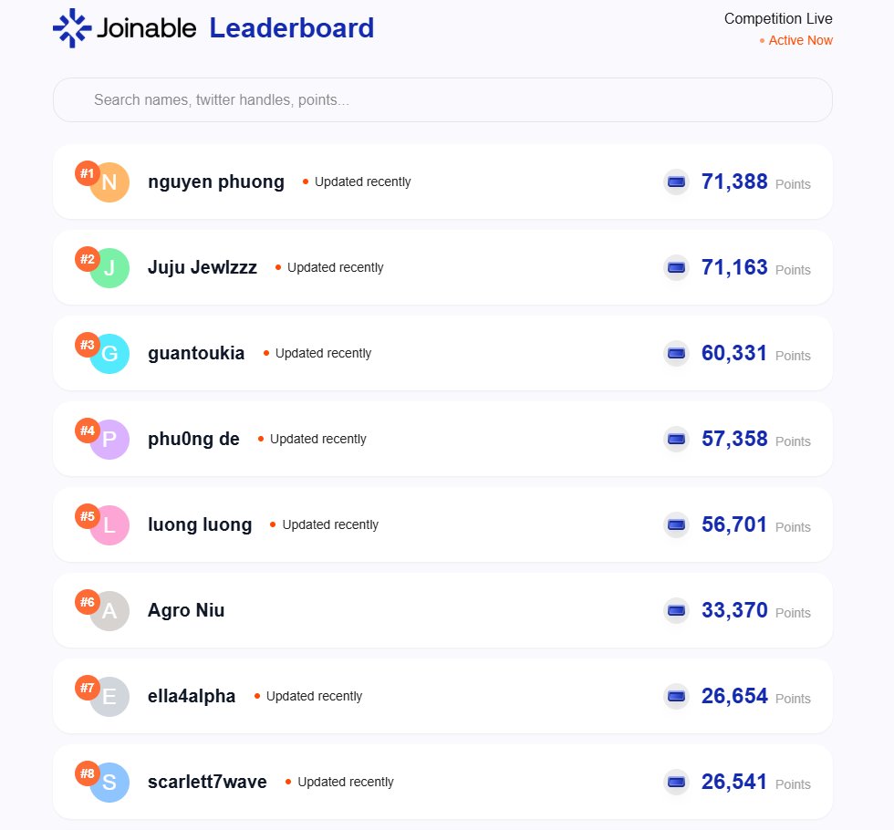 The Joinable Vote website is now back online and fully functional!

You can continue casting your votes and climbing the leaderboard.

💥 Don’t forget to check out the new real-time leaderboard feature to track your points and rank in action!
👉 vote.joinable.ai