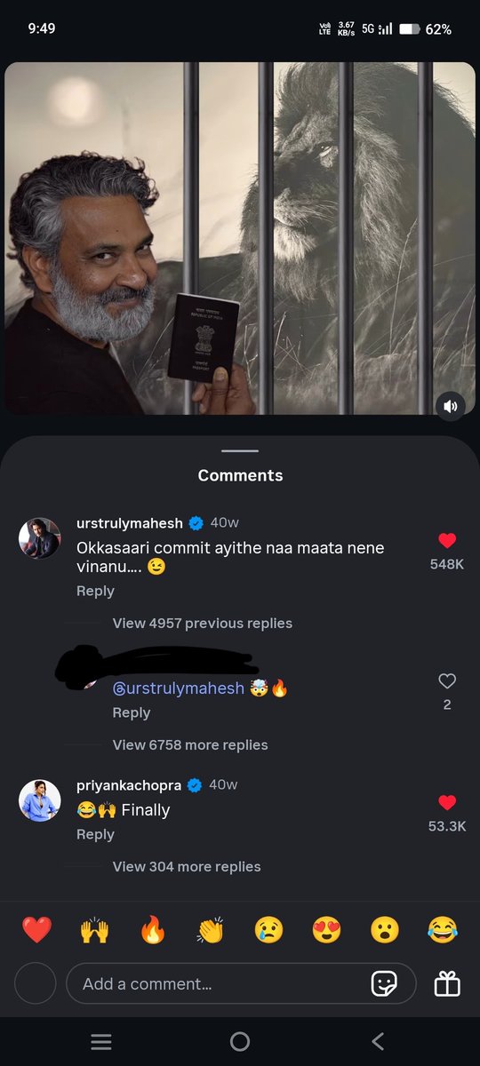 Lion ki tag Chesi daani arrest chesi kinda lion tho 'na mata nene vinanu' ani epinchav 

Cinema release hype ke chachipotaru emo ayya 🙏🙏🙏 

Ah comment likes ee almost 600k sampindengu ehe mammalni <a href="/ssrajamouli/">rajamouli ss</a>

<a href="/ssk1122/">S S Karthikeya</a>  #SSMB29