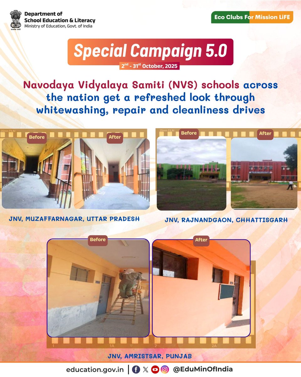EduMinOfIndia's tweet image. Under #SpecialCampaign5.0, @NVS_HQ schools across the nation are being revitalised through whitewashing and essential repair works. These initiatives are giving school buildings a fresh, vibrant appearance while improving the functionality and upkeep of learning spaces.
The…