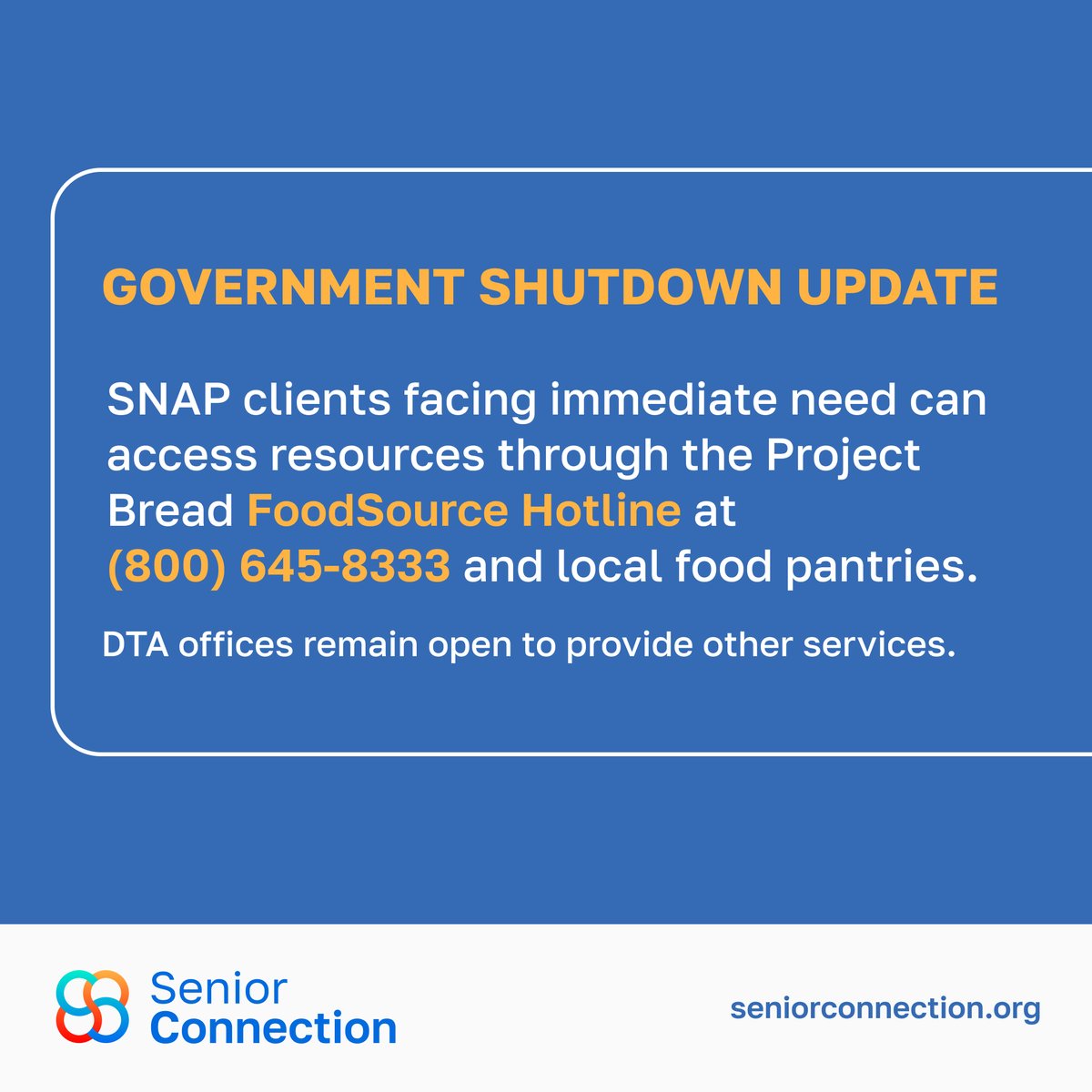 SNAP benefits for Nov are at risk if the federal shutdown continues past Oct 31—impacting 1M+ MA residents. HIP, TAFDC &amp; EAEDC will continue as normal. More info: mass.gov/SNAPupdates