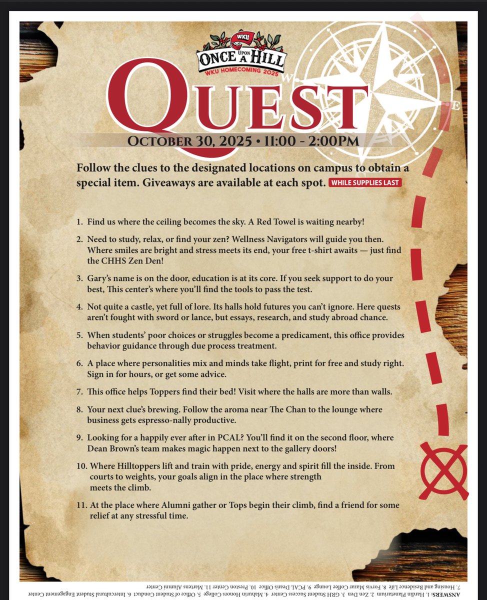 The Once Upon a Hill Quest has started. Follow the clues and receive a special giveaway at each stop. Can you find our student ambassadors?!?! . #wku #wkuhomecoming