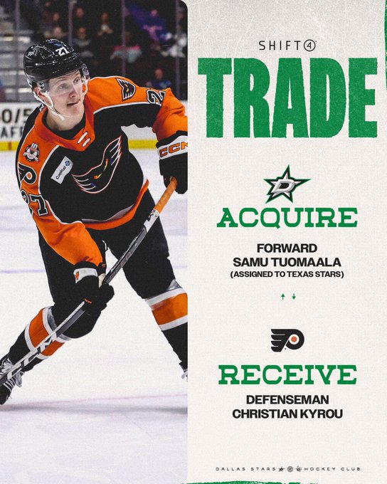 The Dallas Stars have acquired forward Samu Tuomaala from the Philadelphia Flyers in exchange for defenseman Christian Kyrou. Tuomaala will be assigned to the Texas Stars (AHL).