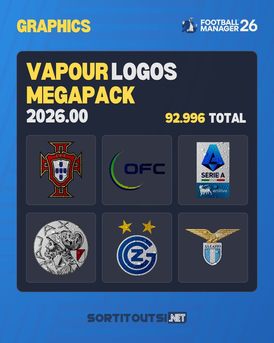 🚨 Vapour Logos Megapack 2026.00 is out now! 

🔰 Featuring 92.996+ individual logos in a vapour style for #FM26 ⚽️ 

A wet style by @FMGraphics22 👇 

🔗 sortitoutsi.net/graphics/style…