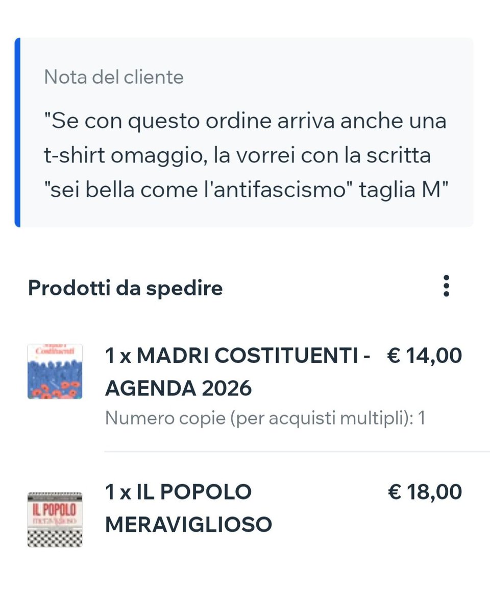 Arriva, arriva :) Fino al 2 novembre, con un ordine di 30 euro su peoplepub.it, ricevi in omaggio una t-shirt a tua scelta tra "Sta rottura de cojoni dei fascisti" e "Sei bella come l'antifascismo". Basta indicare la tua preferita e la taglia nelle note dell'ordine!
