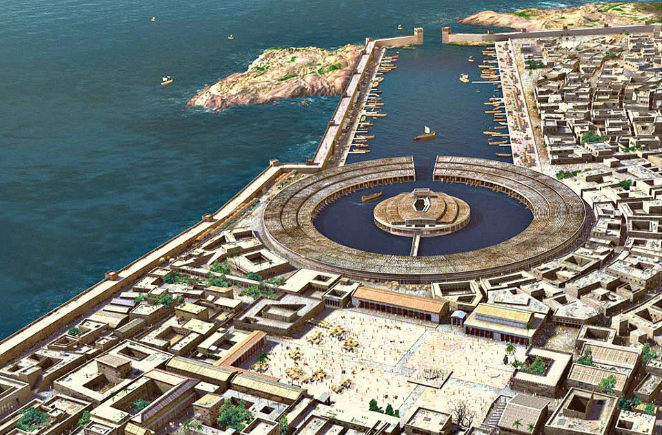 vintagemapstore's tweet image. The commercial heart of ancient Carthage (modern Tunisia), featuring the dual mercantile and military harbors, and the great plaza of the market place..Via ZDF Terra X / Faber Courtial.