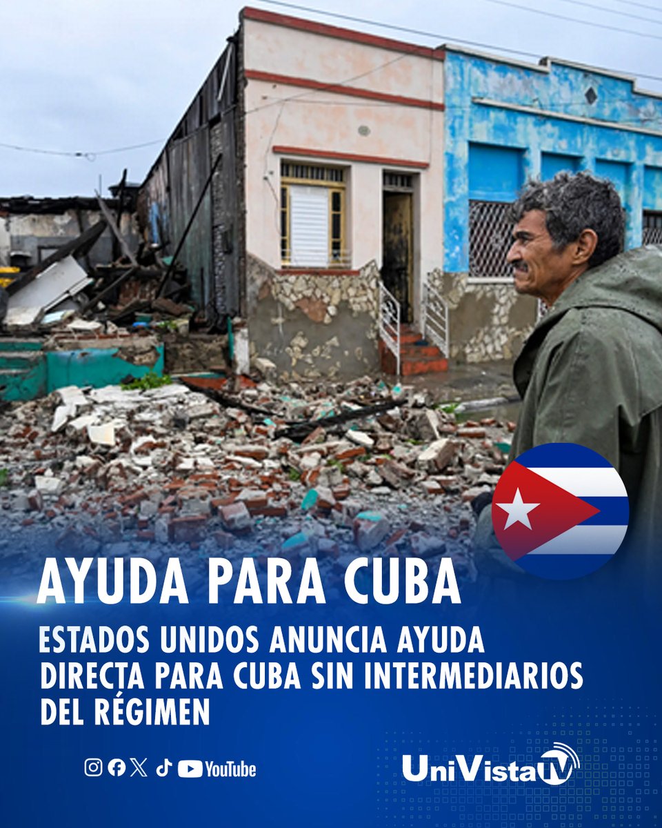 🇺🇸 Estados Unidos anuncia ayuda directa para Cuba sin intermediarios del régimen 🌪️

El secretario de Estado de los Estados Unidos, Marco Rubio, informó que el gobierno estadounidense está listo para ofrecer asistencia humanitaria inmediata al pueblo de Cuba tras el huracán.