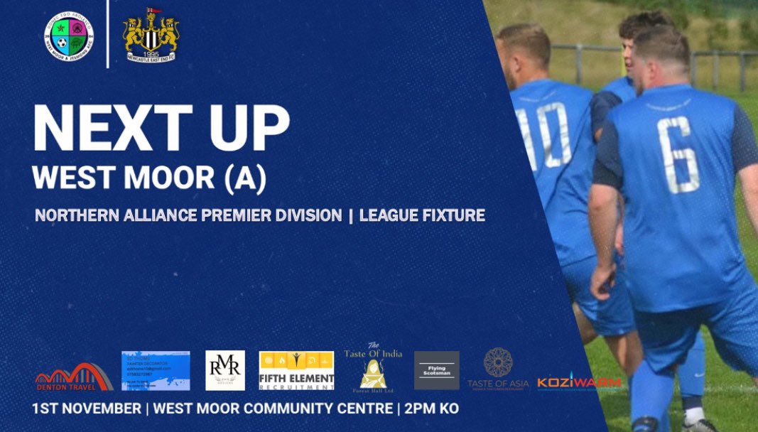 🔵 NEXT UP 🔵 

🆚 West Moor
🗓 01/11/2025
⏰ 2PM KO
🏟 West Moor Community Centre
📍 NE12 7NP

It’s back to the league this week as we travel to West Moor.  

Come and support the lads