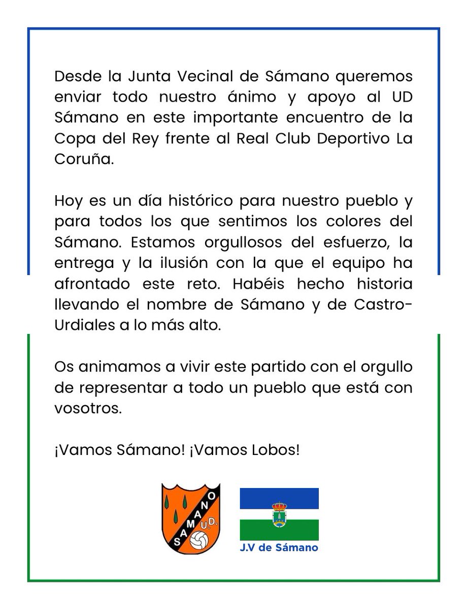 Hoy la <a href="/UDSamano/">U.D. Sámano</a> juega contra el <a href="/RCDeportivo/">RC Deportivo</a> en la #CopaDelRey 

🟠“Hoy es un día histórico para nuestro pueblo y para todos los que sentimos los colores del Sámano”

#VamosLobos #VamosSámano