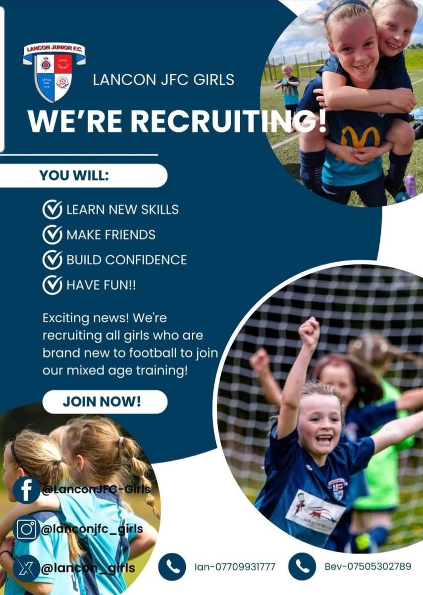 All girls who are brand new to football or have an interest in wanting to try it.

Lancon jfc provide mixed age (u7s to u16s), training only sessions for you to improve your football skills, build confidence, and make new friends.
<a href="/JfcLancon/">Lancon JFC</a>
#girlsfootball 
#lanconforlife
