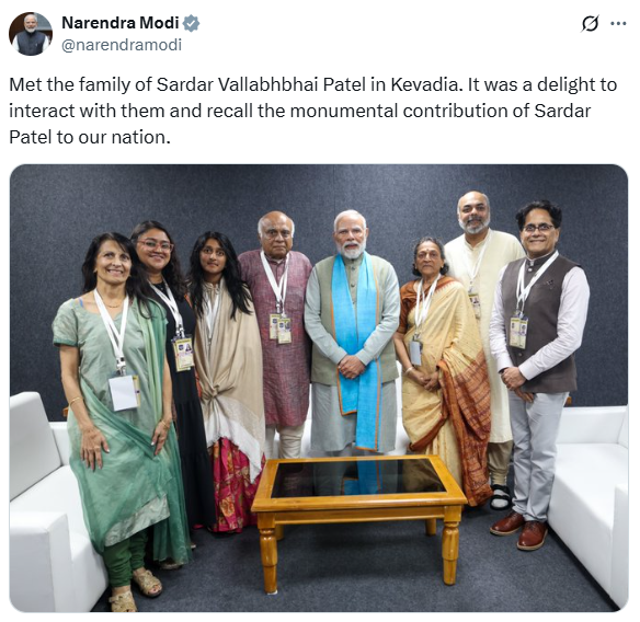 PTI_News's tweet photo. PM Modi (@narendramodi) posts, "Met the family of Sardar Vallabhbhai Patel in Kevadia. It was a delight to interact with them and recall the monumental contribution of Sardar Patel to our nation." https://t.co/tVNezZdg42
