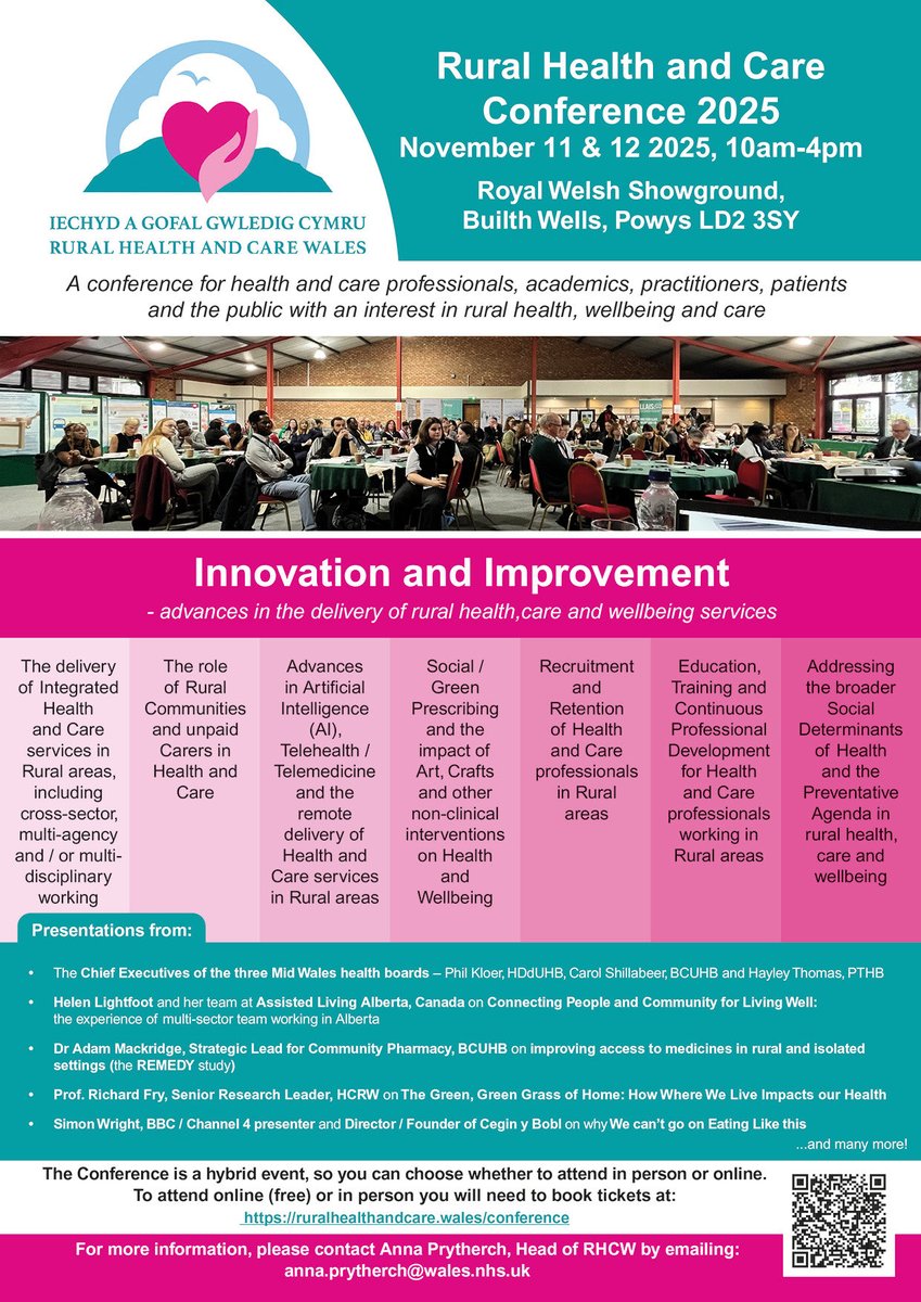 Less than two weeks to go before this year’s RHCW Conference: ‘Innovation and Improvement - advances in the delivery of rural health, care and wellbeing services’!

Book your place: smartsurvey.co.uk/s/O8NIII/

Info &amp; Agendas: ruralhealthandcare.wales/rhcw-events/cy…

We hope to see you there!