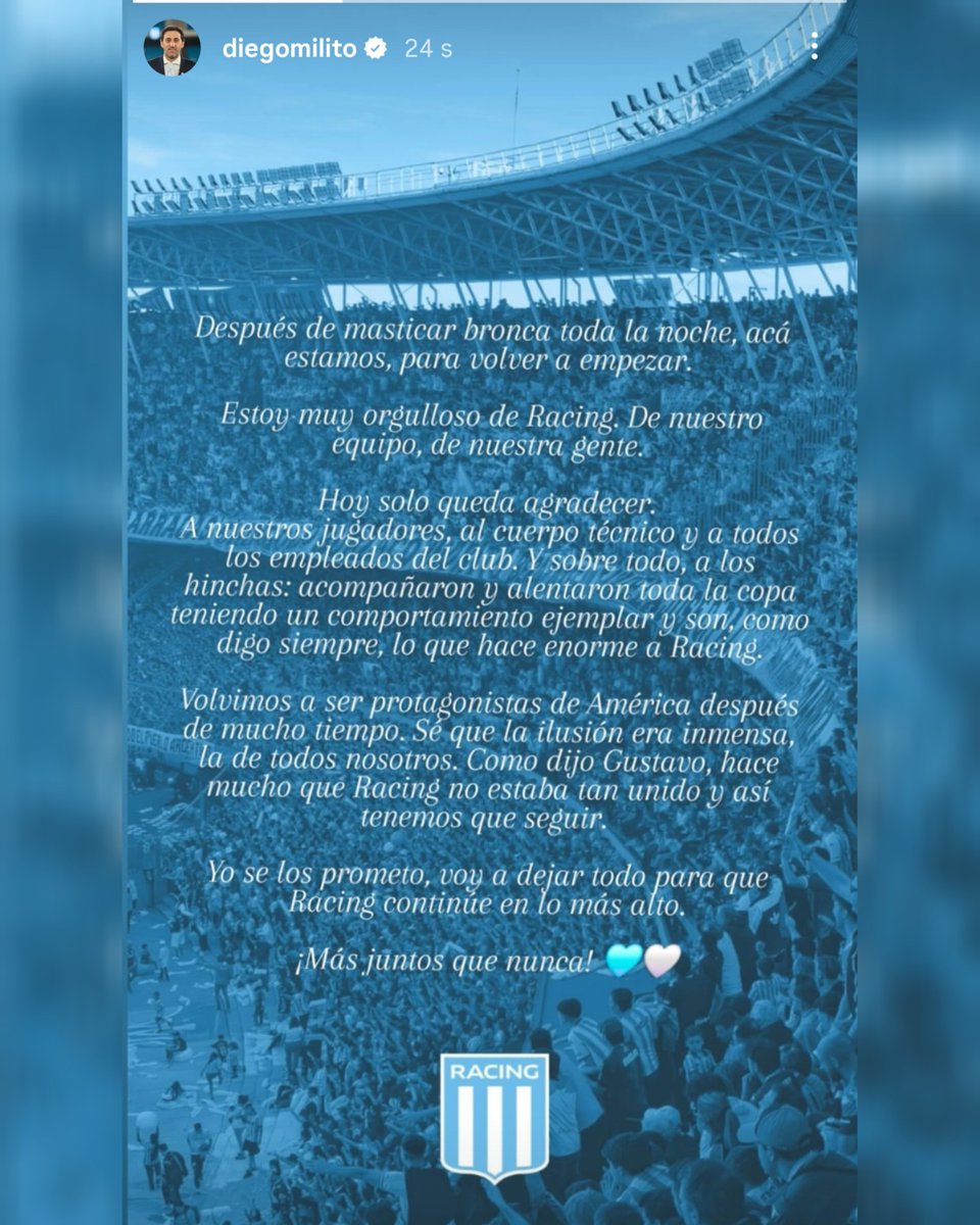 ¡ATENCIÓN! ⚠️

👉 EL MENSAJE DE DIEGO MILITO LUEGO DE LA ELIMINACIÓN DE #RACING POR #LIBERTADORES