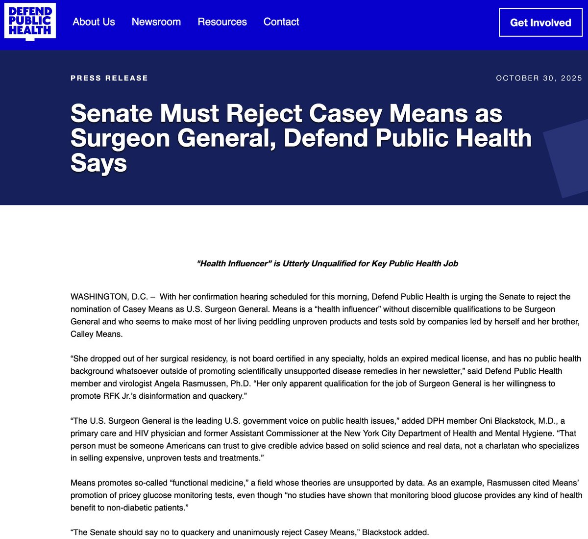 angie_rasmussen's tweet image. While Casey&apos;s spawning has delayed this hearing, I stand by my statement.

Casey Means&apos; only apparent qualification for the job of Surgeon General is her willingness to promote @SecKennedy&apos;s disinformation &amp;amp; quackery. Her candidacy should be withdrawn.

defendpublichealth.org/press-release/…