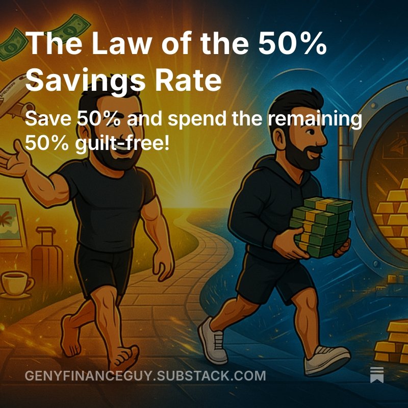 genyfinanceguy's tweet photo. The simple rule that changed everything…

Save 50% of after-tax income. Spend the other 50% guilt-free.

Following this rule has been life-changing and over the last decade has allowed us to go from ~$200K in Net Worth to $13.5M.