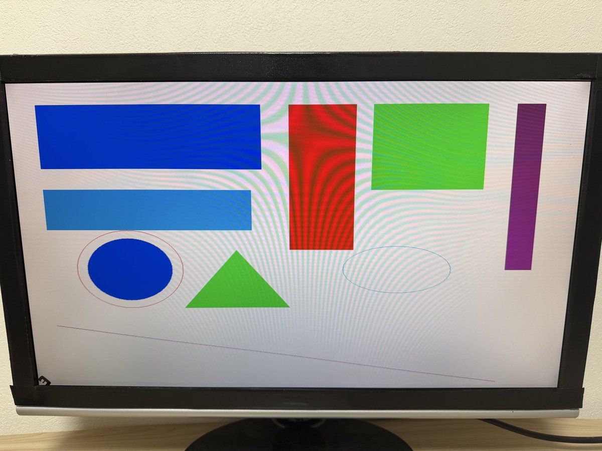 miku_JK_Jb's tweet image. #プログラミング
#自作OS 
#OS開発 
#OS開発日記 
#エンジニア 
自作OSのカーネルでFrameBuffer経由で図形なども描画できるようになった