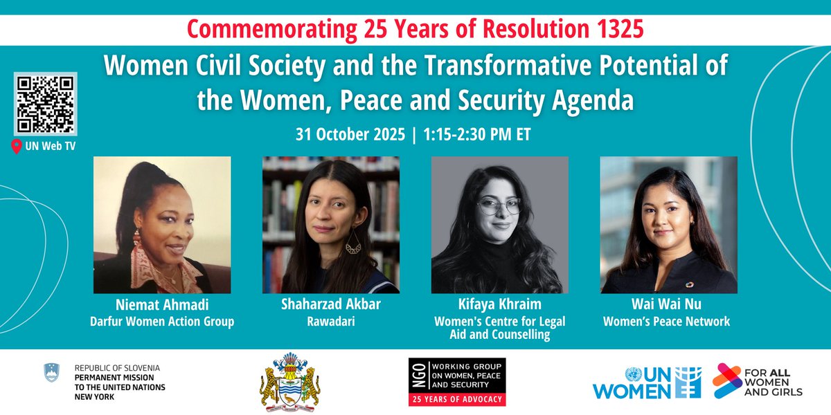 As we mark 25 years of #UNSCR1325, we’re proud to co-host a high-level event with <a href="/SLOtoUN/">Slovenia to the UN</a>, <a href="/PMUN_GUY/">Permanent Mission of Guyana to the UN</a> &amp; <a href="/UN_Women/">UN Women</a> bringing together women civil society, the #UNSC &amp; UN leaders to deliver on the promise of the #WPS agenda.

🎥Watch on 31 Oct at 1:15pm wps.ngo/csoforum