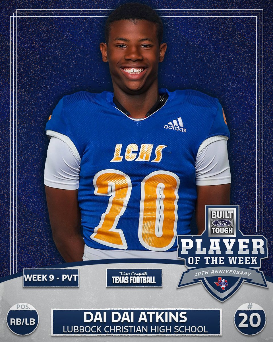 greatertxford's tweet image. 🔥 @lbkchristian - Dai Dai Atkins dominated a Top-5 TAPPS DIII showdown — 27 carries, 266 yds, 5 TDs, 4 two-pt convs + 3 sacks on D! 🦅💪 Over 500+ rush yds & 8 TDs in 2 wks — a true two-way force. 👏
Congrats, Dai Dai — Week 9 #BFTPOW!
#GreaterTXFord #TXHSFB @messerford | @dctf