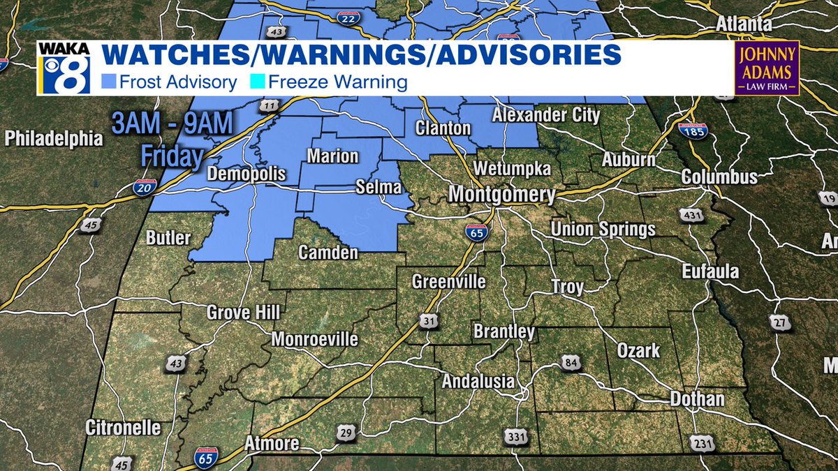 ALWeatherNet's tweet image. Thu 10/30/25: FROST ADVISORY for Marengo, Perry, Dallas, Chilton, and Coosa counties from 3AM to 9AM Friday. With a clearing sky, temperatures may fall into the 30s Thursday night, cold enough for some frost. Go ahead and bring your cold-sensitive plants inside. #alwx