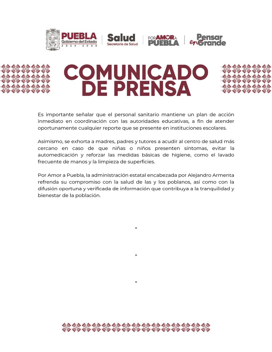 📢 Ante los reportes de supuestos casos de viruela símica en escuelas del estado, el <a href="/Gob_Puebla/">Gobierno de Puebla</a>, a través de la Secretaría de Salud, informa que no se han registrado casos de esta enfermedad.

Se exhorta a la población a mantener la calma y evitar difundir información no