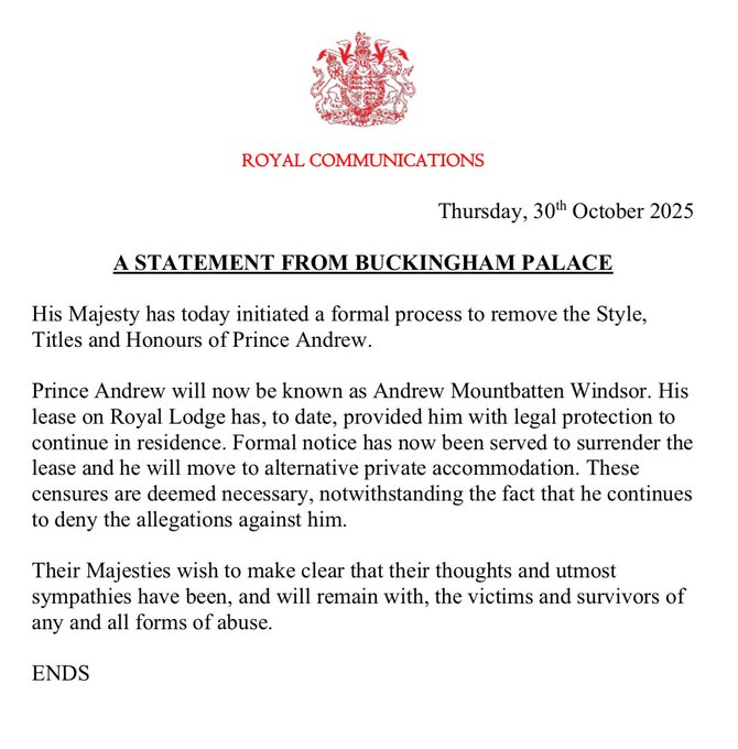 Breaking911's tweet photo. BREAKING: Prince Andrew Stripped of 'Prince' Title, Set to Vacate Royal Lodge https://t.co/qVlnSTi4Nq