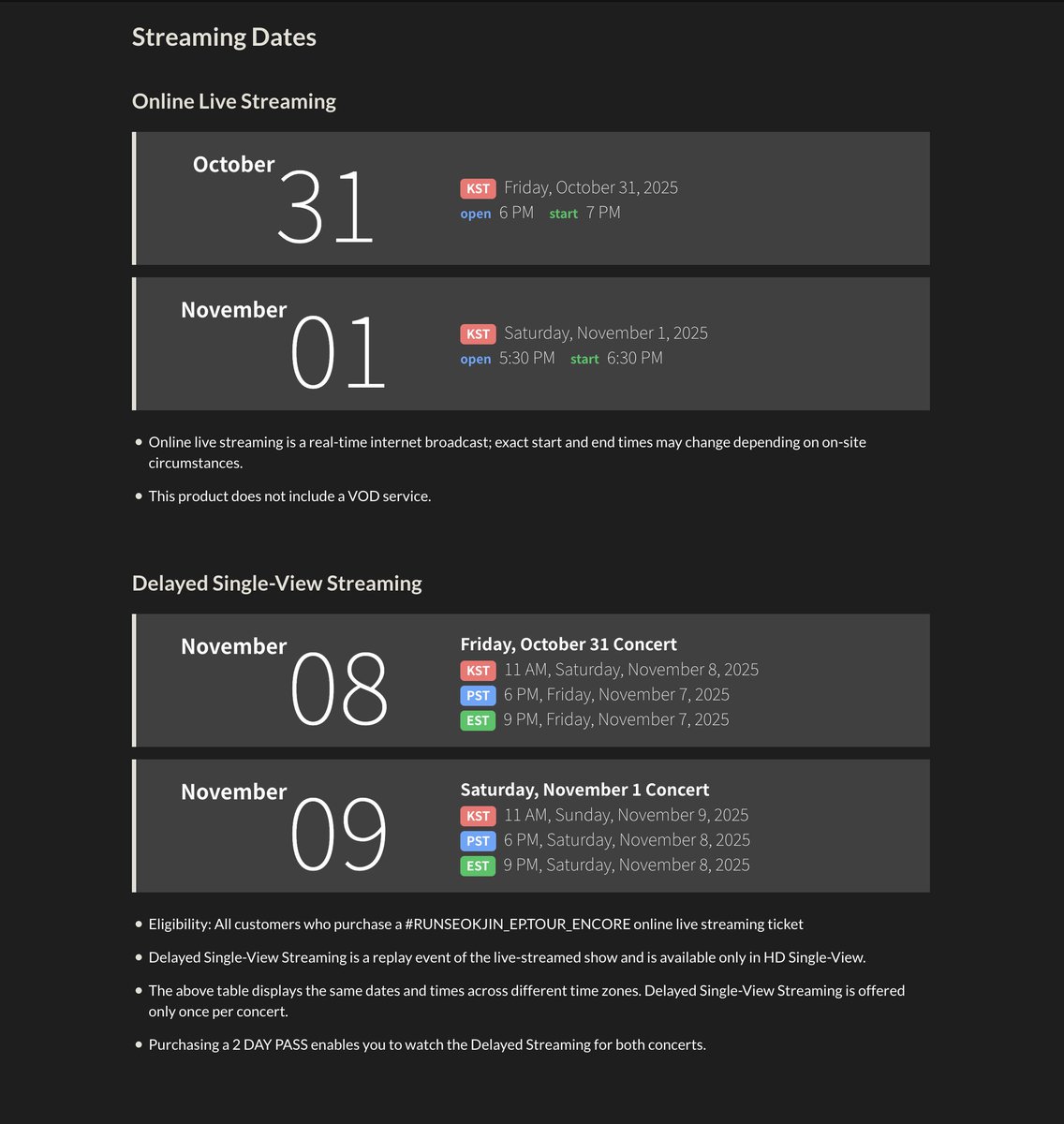 Please remember to validate your tickets for Jin's encore concert streaming.

Streaming times:
D1: Friday Oct 31, 7PM KST / 6AM EDT
D2: Saturday Nov 1, 6:30PM KST /  5:30AM EDT 

🔗 concerts.weverse.io/events/runseok… 

#진 #Jin #Jin_TOUR_ENCORE #RUNSEOKJIN_epTOUR_ENCORE