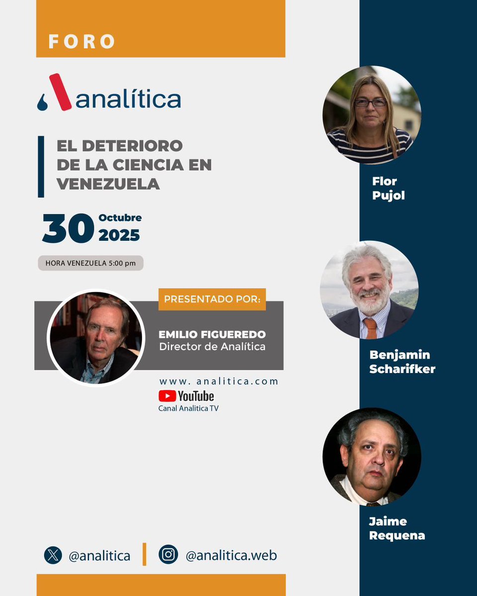 Esta tarde
jueves 30 de octubre  2025 | 5:00pm (Caracas)
Foro <a href="/Analitica/">Analítica</a> 
EL DETERIORO DE LA CIENCIA EN VENEZUELA
Con <a href="/jaimerequena/">Jaime Requena</a> <a href="/Florcy6/">Flor Pujol</a> <a href="/bscharifker/">Benjamin Scharifker</a> 
Moderador: Emilio Figueredo
youtu.be/Zq8Rm2AVyvA