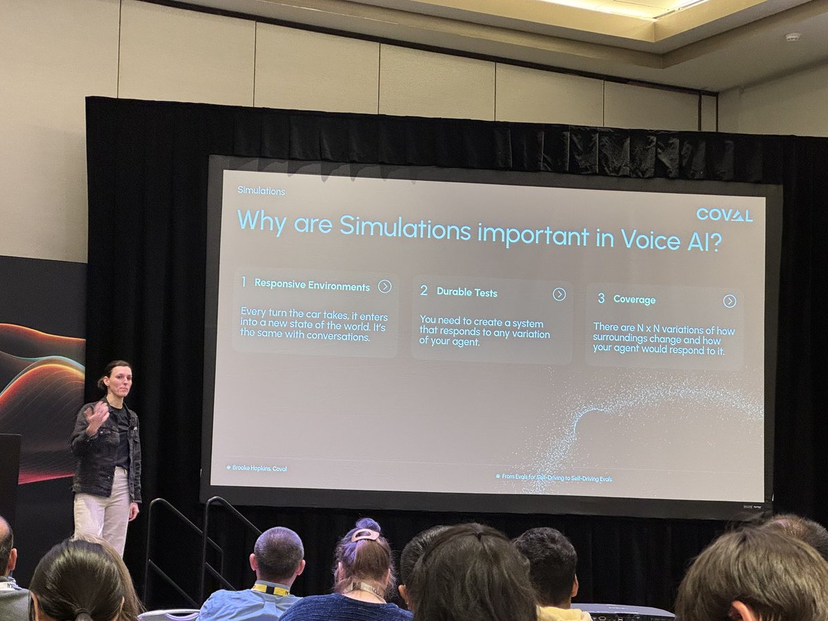 kwindla's tweet photo. Watching @bnicholehopkins talk about lessons for voice agents from training self-driving cars at #ODSCWest.
“We are simultaneously under-estimating and over-estimating what voice agents can do.” https://t.co/KL7t1U0FKr