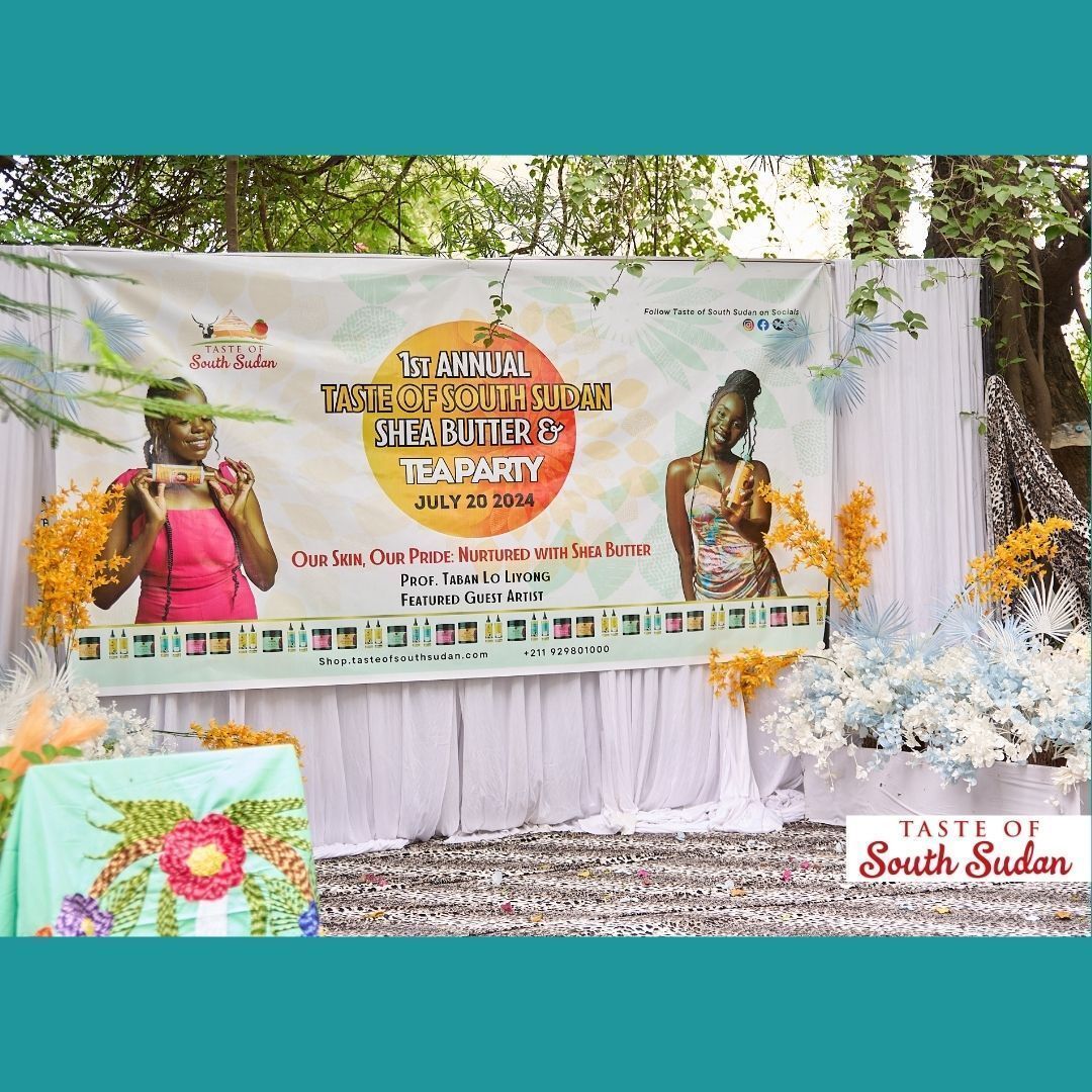 TasteofSouthSud's tweet image. Taste of South Sudan Shea Butter and Tea Party. The stage is set. Let&apos;s admire the artwork, the foliage, the banners, and our traditional hand-embroidered needle art.  Throwback to an awesome party last year. 
#TasteofSouthSudan #sheabutter #teaparty