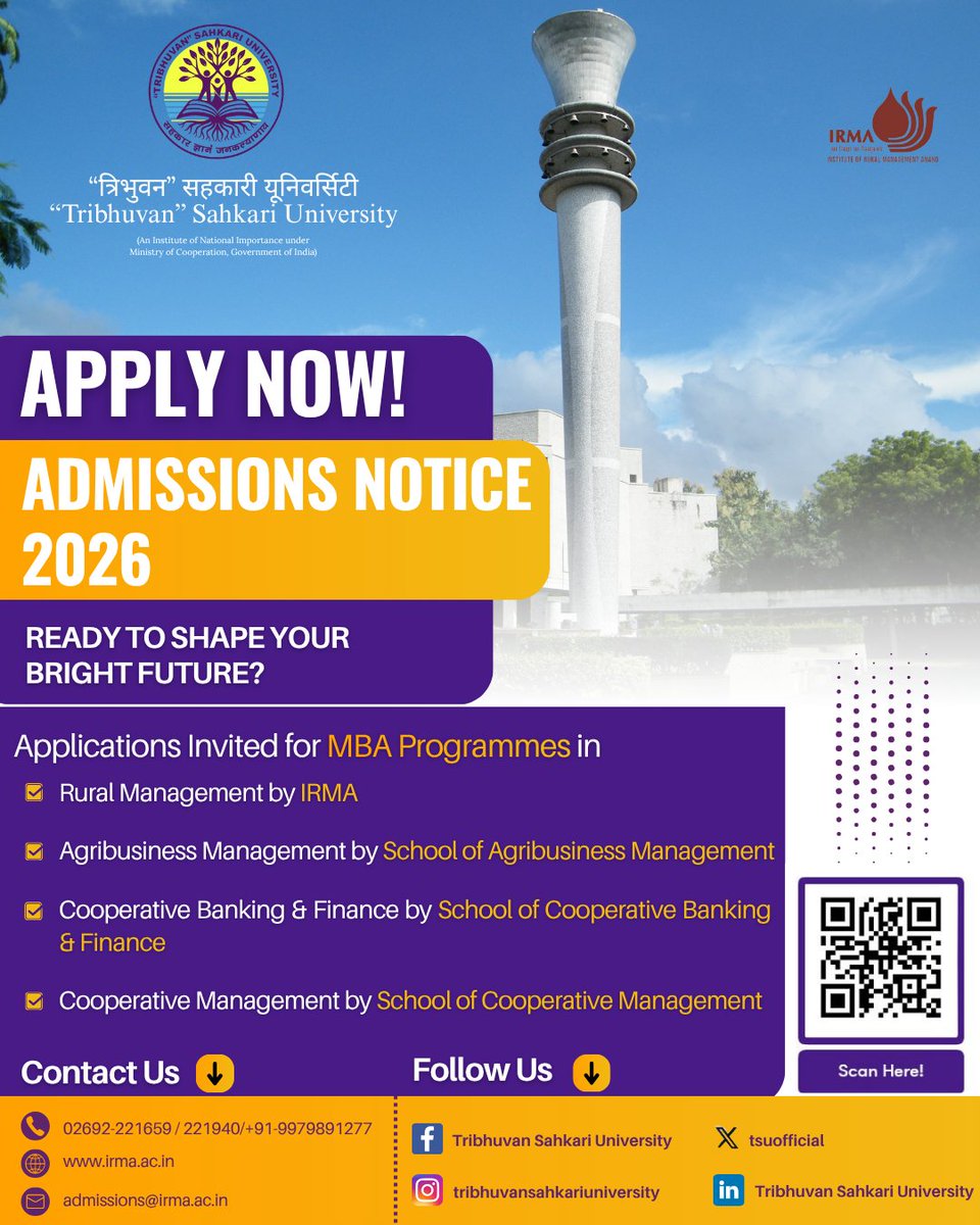 📢 The applications to the MBA programmes by #TribhuvanSahkariUniversity are live now!
Admissions are now open to the MBA programmes in
✅ Rural Management by IRMA
✅ Agribusiness Management
✅ Cooperative Banking &amp; Finance
✅ Cooperative Management
#MBA2026 #CAT2025 #XAT2026