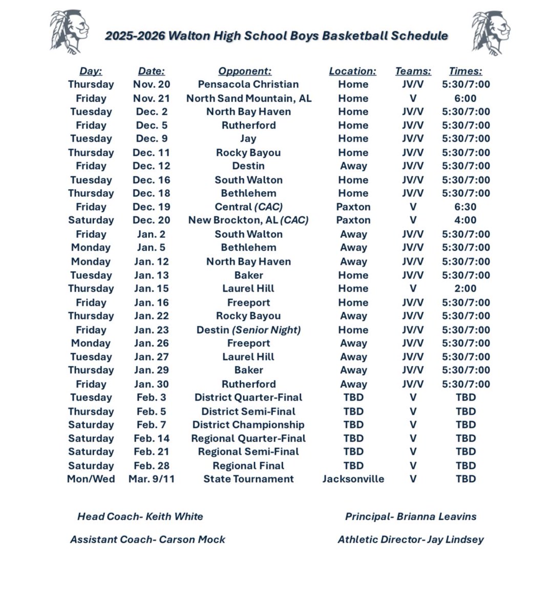 2025-2026 Walton Braves Basketball Schedule