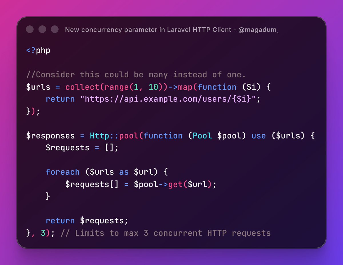 magadum_aniket's tweet image. Hey Laravel Developers 👩💻
Starting with Laravel v12.36.0, we have a new argument available on the HTTP Client’s pool method called concurrency.
By default, the Laravel HTTP Client triggers all the requests in the pool at the same time concurrently.
This could be a problem if…