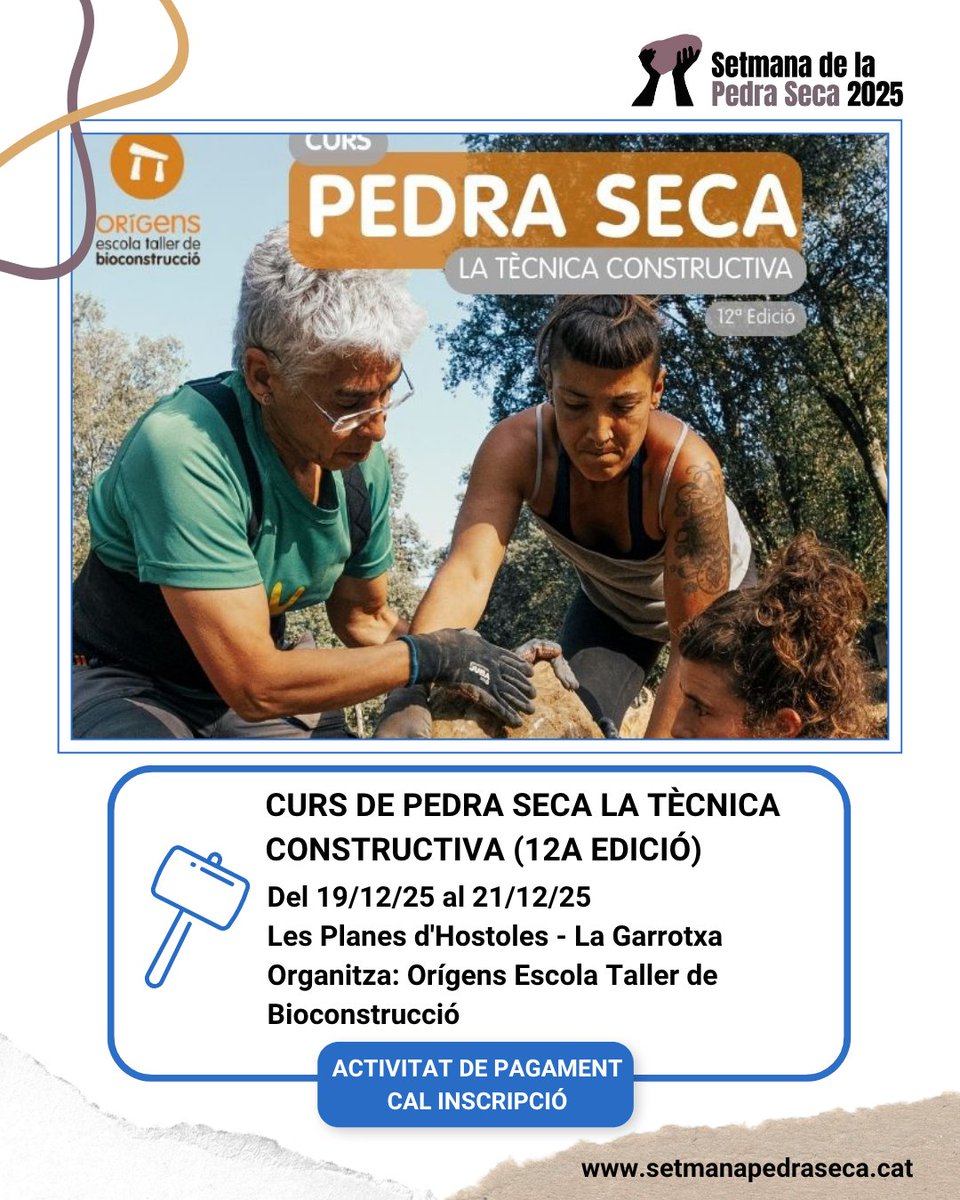 SetmPedraSeca's tweet image. 🔵APRENENTATGE
⚒️ Curs de Pedra Seca. La tècnica constructiva (12a Edició)

🗓19-21/12
📍Les Planes d&apos;Hostoles
📌Organitza: Orígens Escola Taller de Bioconstrucció 
➕Info, calendari i mapa👇
setmanapedraseca.cat/activitats/age…

#SetmanaPedraSeca25 #PedraSeca