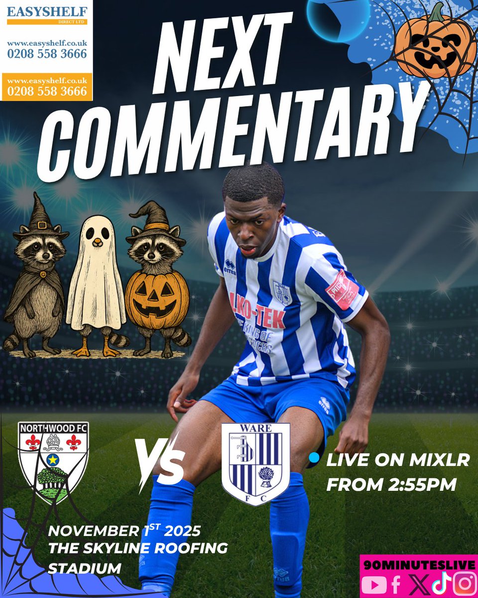 We round up October with a visit to <a href="/NorthwoodFC/">Northwood Football Club</a> where they will host <a href="/Ware_FC/">Ware FC</a> join <a href="/marvotm/">Pete Hill</a> and <a href="/symon75/">Symon Allemandy</a> LIVE from 2:55pm on 90minuteslivefootball.mixlr.com/events/4622445 for all the action! 
#Easyshelf #ElliotHeath #Teamexsports #90MinutesLive 
📷<a href="/bushypix/">Ian Bush</a>