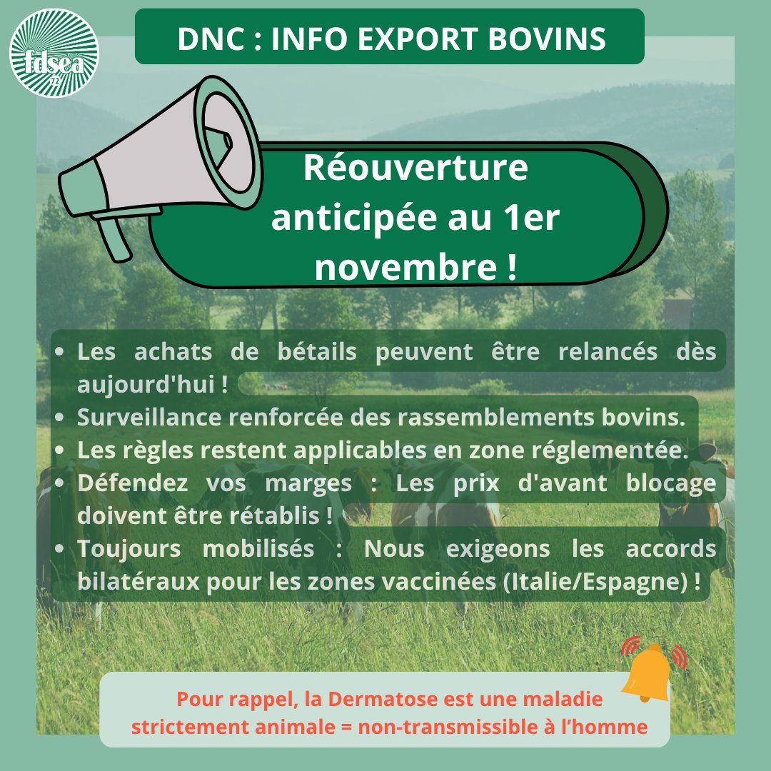 [VICTOIRE SYNDICALE 🎉]

➡️ Réouverture anticipée de l’export bovin dès le 1er novembre ! 🐂
➡️ Grâce aux mesures sanitaires mises en place depuis le 18 octobre, la situation est stabilisée : les transactions peuvent reprendre dès aujourd’hui !

<a href="/FNSEA/">La FNSEA</a> <a href="/JeunesAgri/">Jeunes Agriculteurs</a> <a href="/EleveursBovins/">FNB</a>