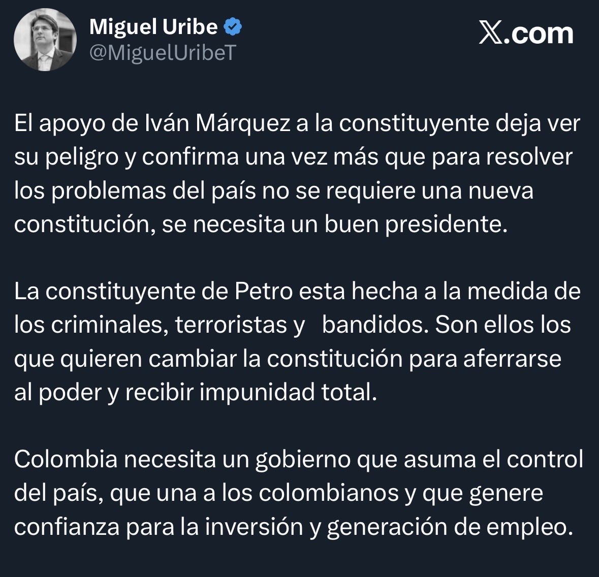Miguel Uribe Turbay denunciaba la tenebrosa alianza de Iván Márquez con Petro para sacar la constituyente adelante.

Luego Iván Márquez lo asesinó. 

Petro es cómplice de esto
