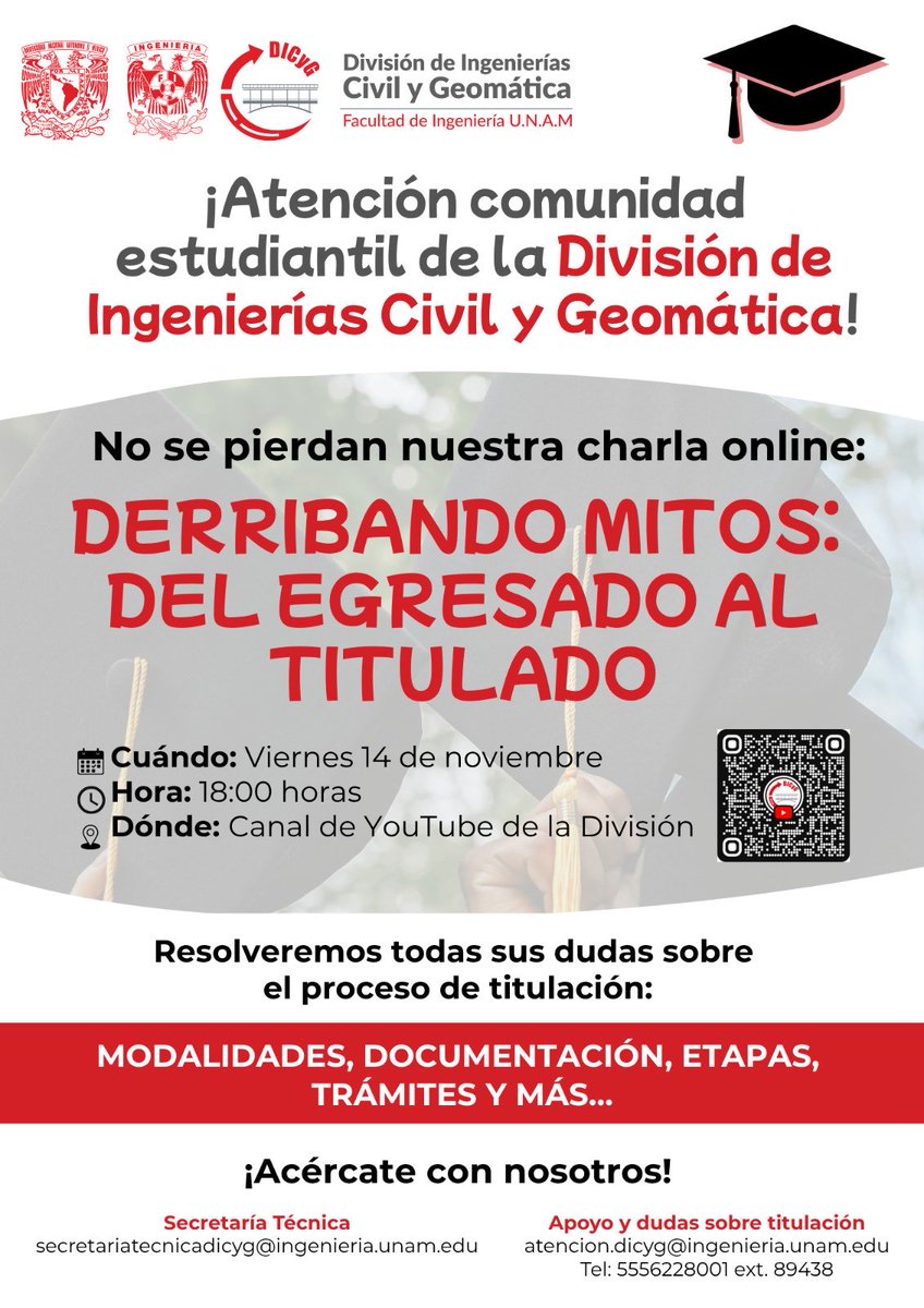 ¿Tienes dudas sobre cómo titularte?   

No te pierdas nuestra charla en línea: “Derribando mitos: del egresado al titulado”  

Viernes 14 de noviembre 18:00 horas 
youtube.com/@DICyG 
¡Conéctate y aclara todas tus dudas!