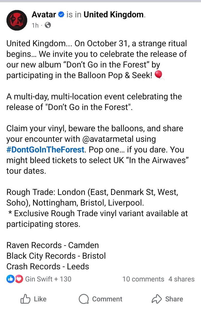 AvatarFreakshow's tweet photo. United Kingdom... On October 31, We invite you to celebrate the release of our new album “Don’t Go in the Forest” by participating in the Balloon Pop & Seek!
Claim your vinyl, beware the balloons, and share your encounter using #DontGoInTheForest. https://t.co/lsoQ3HVatY