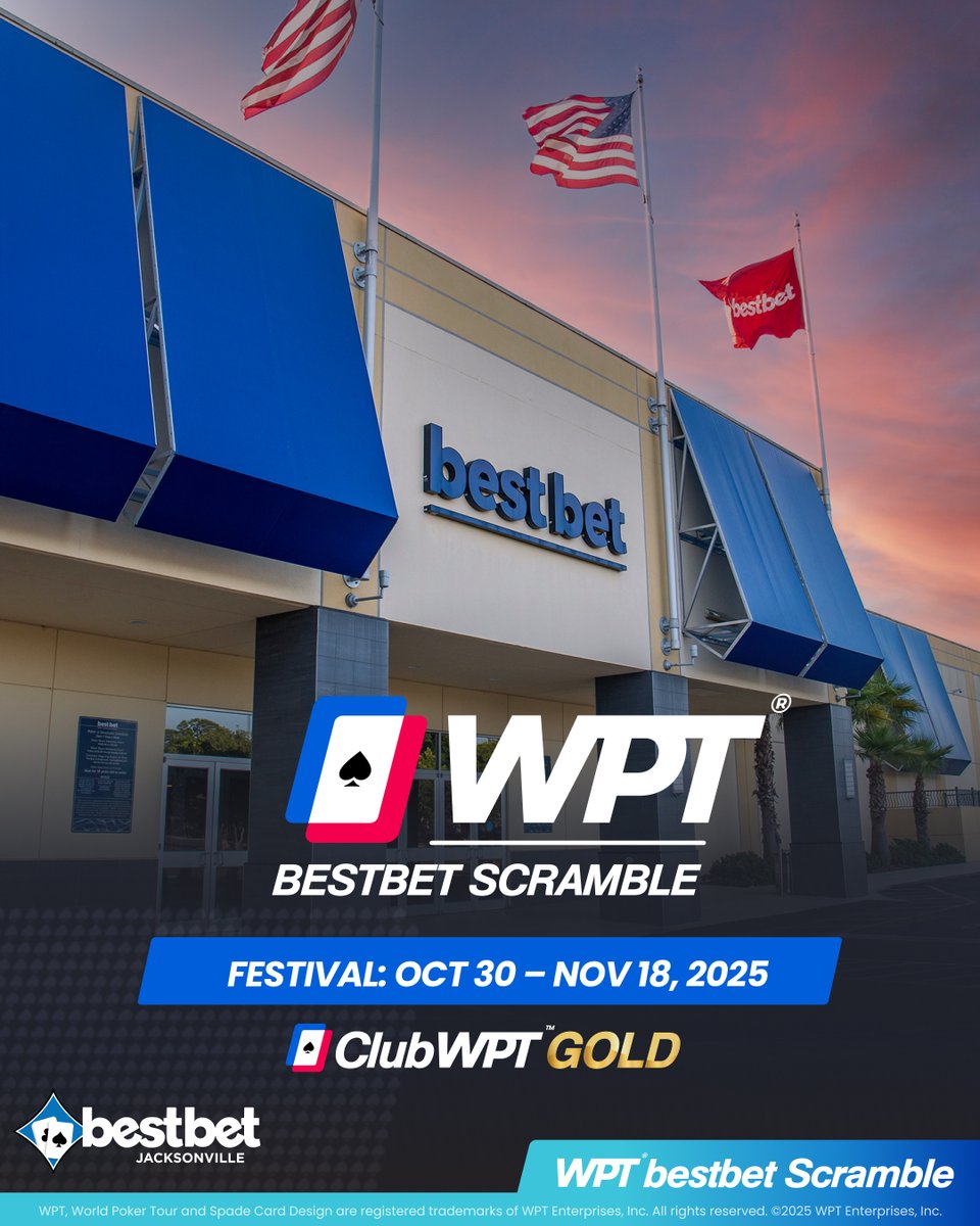 🚨 <a href="/WPT/">World Poker Tour</a> bestbet Scramble Festival STARTS TODAY at <a href="/bestbet_jax/">bestbet Poker Room</a>

💰 TWO Day 1 Flights TODAY for Event #1: $400 NLH -- $200,000 GTD 

🏆 $1M GTD $5000 <a href="/WPT/">World Poker Tour</a> bestbet Scramble  Championship -- Nov. 14 - Nov. 18