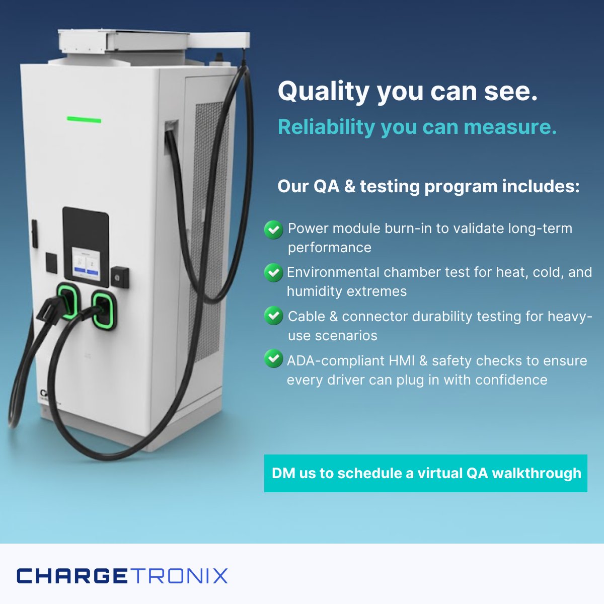 Built for uptime. Tested for reliability.  

Every ChargeTronix charger faces real-world stress before deployment - power, heat, durability, and safety.  

Reliability isn’t luck - it’s engineered.  

DM to see our QA process in action.  

#EVCharging #DCFastCharging #Uptime