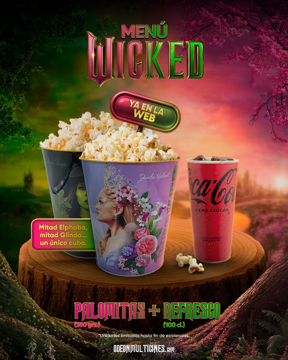 OdeonMulticines's tweet photo. 💚🍿 ¡QUE LLUEVAN PALOMITAS EN OZ!
💗 En #OdeonMulticines celebramos #WickedParteII con un mágico Menú Wicked.
💻 Añádelo antes de finalizar la compra de tus entradas online en el apartado “SNACK BAR”.
* Unidades limitadas hasta agotar existencias.
📢 YA EN NUESTRA WEB https://t.co/VTbaxuS8gO